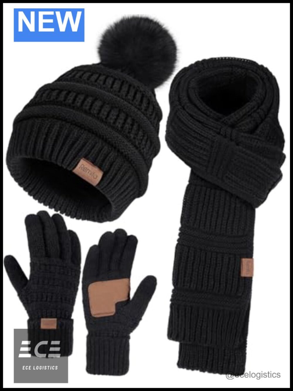 Winter Beanie Hat Scarf Gloves Set Acrylic Fleece Lined Touchscreen